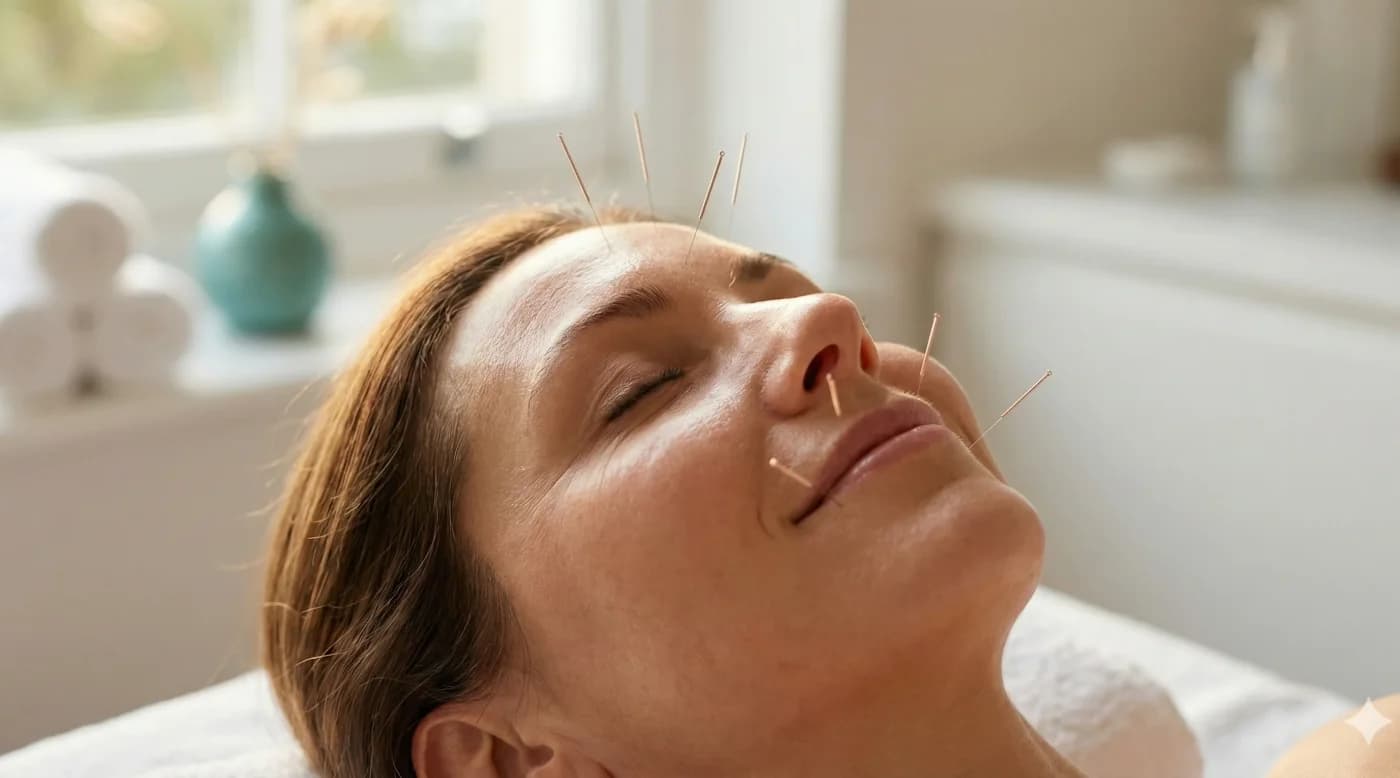 Γυναίκα χαλαρωμένη κατά τη διάρκεια αισθητικού βελονισμού προσώπου